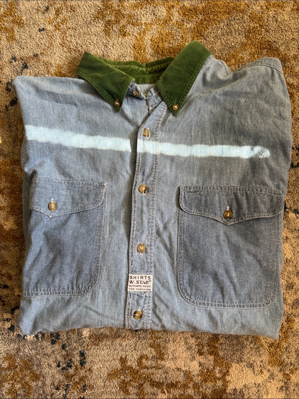 VINTAGE Button-Down Denim Shirt with Green Corduroy Collar